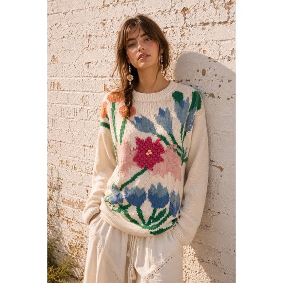 Sweaters - Vintage Cream Cotton Knit Floral Intarsia Sweater Popcorn Stitch Large